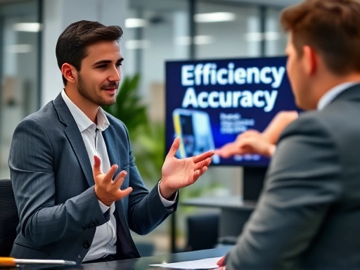 A professional male or female candidate confidently explaining their efficiency and accuracy skills during a job interview in a modern office, with a subtle background reflecting logistics operations and keywords like 