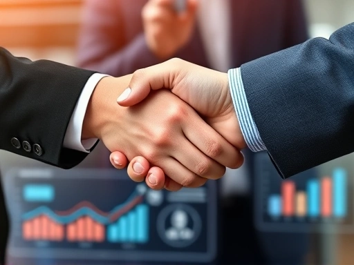 A close-up shot of a handshake between an interviewer and a candidate, symbolizing a successful interview, with a blurred background showing data charts and supply chain elements, emphasizing precision and effective communication.