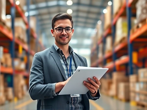 A confident job candidate discussing logistics efficiency in a modern warehouse office setting, focusing on problem-solving and data analysis, with keyword 