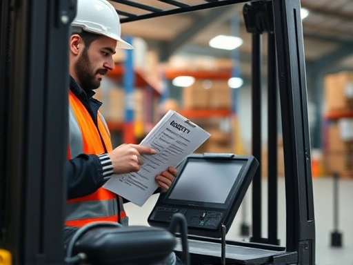 Close-up of a safety manager conducting a safety inspection checklist on a forklift in a clean, organized warehouse, emphasizing safety protocols and attention to detail, with keyword 