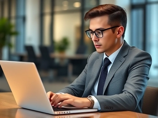 A professional, well-dressed candidate sending an email on a laptop, showing determination and focus during a long hiring process, with a blurred office background, professional attire, strong job search focus, email communication.