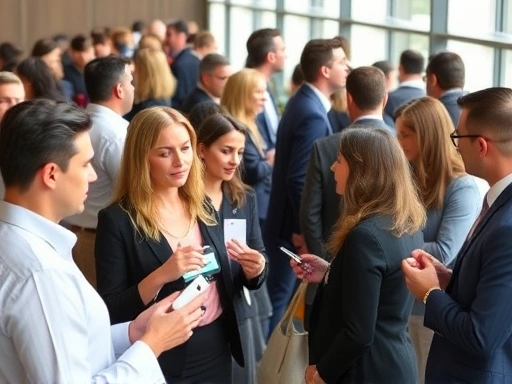 A diverse group of professionals actively engaged in a networking event, exchanging business cards and having lively conversations, with a focus on genuine connection, bright and professional setting, natural light.