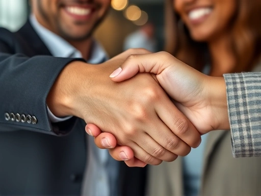 Close-up on two hands shaking firmly, one person holding a business card while the other smiles genuinely, emphasizing trust and connection, shallow depth of field.