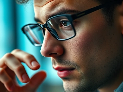 Close-up of a person's face showing intense concentration and active listening during an interview, with a hand subtly adjusting glasses, conveying focus.