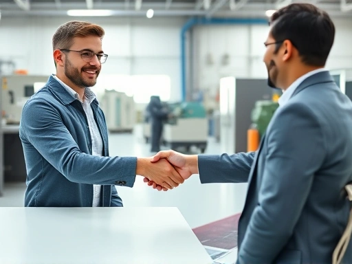 A candidate confidently shaking hands with an interviewer in a modern, clean manufacturing facility office, with machinery subtly visible in the background, professional atmosphere, natural light, reflecting effective interview preparation.