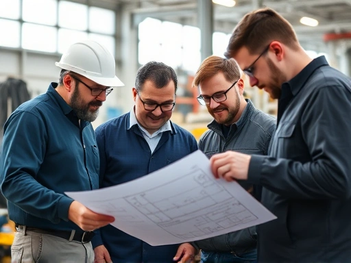 Close-up of a diverse team of engineers collaboratively discussing a technical diagram or blueprint in a modern manufacturing setting, showcasing practical problem-solving and expertise in their field.
