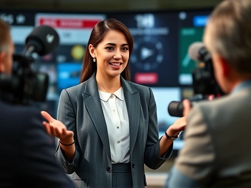 A professional woman in a crisp blazer confidently presenting during a media company interview, showcasing her knowledge and communication skills, with a subtle background of news headlines and media symbols.