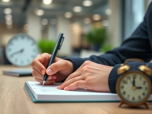 A close-up shot of a person's hands holding a pen and notebook, diligently writing during an on-the-spot writing test for a media company interview, with a blurred background of a modern office and a clock ticking down.