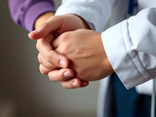 A close-up of two hands, one in a doctor's coat sleeve, gently holding a patient's hand, symbolizing empathy and patient-centered care, with soft, reassuring lighting, focusing on trust and support in a healthcare setting.