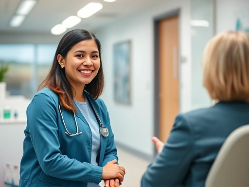 A confident job candidate in a modern medical office, warmly interacting with an interviewer while conveying a patient-centered mindset, with subtle healthcare elements in the background, showing professionalism and empathy.