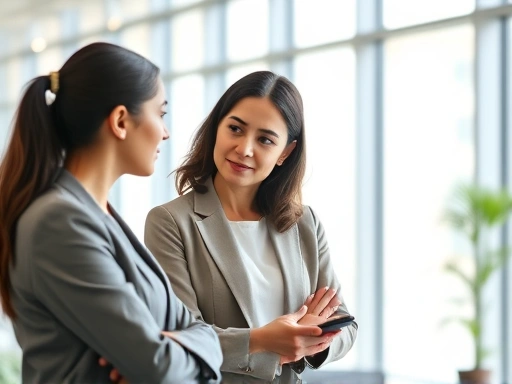 A professional woman in a bright office environment, actively listening and guiding a younger colleague, symbolizing mentorship and talent development, with a clear focus on communication and growth.