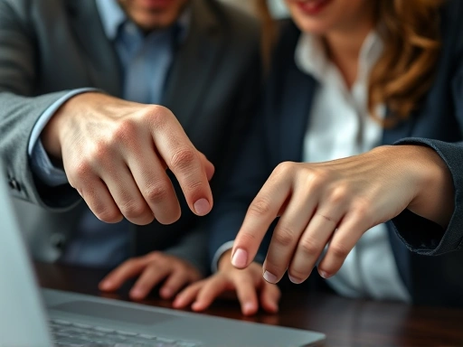 Close-up of two diverse professionals' hands, one older, one younger, pointing at a shared document or laptop screen, illustrating collaboration, guidance, and knowledge transfer in a supportive mentoring relationship.