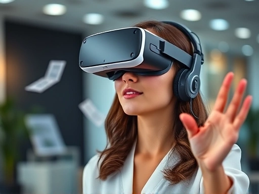A professional woman wearing a sleek, modern mixed reality headset, interacting with virtual objects floating in a contemporary office setting, demonstrating focus and technological proficiency.
