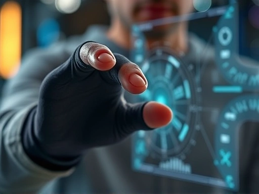 Close-up of a person's hands delicately manipulating virtual controls or a holographic interface with haptic feedback gloves in a mixed reality environment, emphasizing precision and engagement.