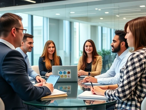A diverse group of people engaging in a mock interview session in a modern office setting. Focus on a clear, professional atmosphere with laptops and note-taking. Keywords: mock interview, career guidance, professional development.