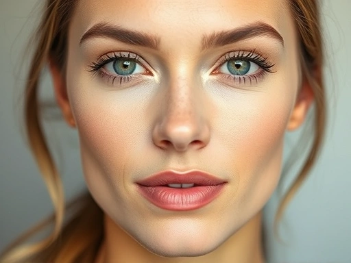 A close-up of a female face, showing natural, subtle interview makeup with neatly styled eyebrows, clear eyes, and a soft, neutral lip color, emphasizing a professional and approachable appearance.