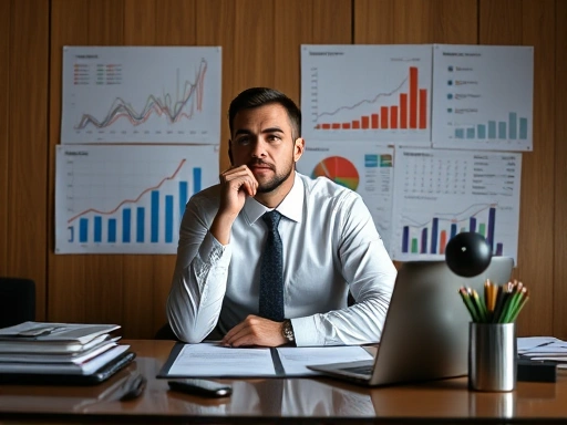 A professional sitting at a desk, surrounded by graphs and data, analyzing information with a thoughtful expression, representing thorough preparation for negotiation, incorporating keywords like data, analysis, preparation, negotiation.