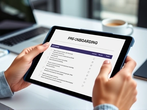 A close-up shot of hands highlighting sections of a pre-onboarding checklist on a tablet, with a blurred background of a modern desk with a laptop and a cup of coffee, signifying detailed preparation and planning.