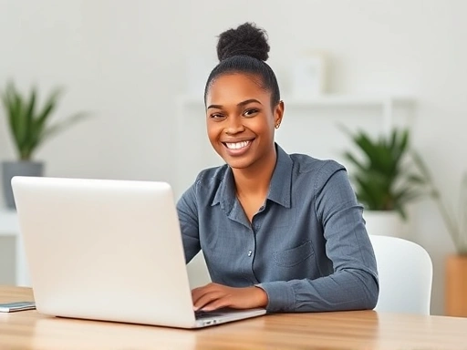 A confident job applicant sits in front of a laptop, practicing for a one-way interview, with a warm, natural smile, focused on the camera lens, in a brightly lit, minimalist home office setting, conveying professionalism and ease.