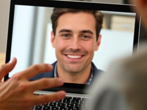 A close-up shot of a person's face on a laptop screen, showing a genuine, relaxed facial expression during a mock interview, with subtle hand gestures in the foreground, emphasizing natural communication and composure for a one-way interview.
