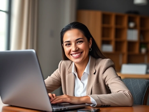 A confident person having a virtual job interview on a laptop, smiling and making eye contact with the camera, clear lighting, professional setting, embodying real-time communication.