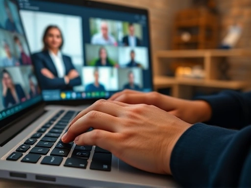 Close-up of hands typing on a laptop keyboard during an online interview, with a blurred screen showing video conference software. Emphasize detail and interaction, including 'video conference', 'typing', 'online interview'.