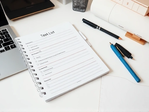 A close-up of a well-organized desk, featuring a clear task list and planner, a laptop, and neat stationery, representing efficient work priority setting and clarity.