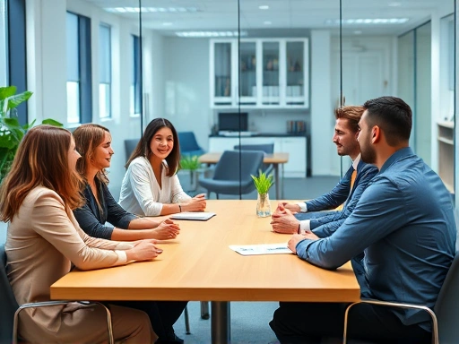 A diverse group of professional interviewers sitting at a table in a modern office, a candidate is actively engaging with each interviewer, showing good body language and eye contact for panel interview communication.