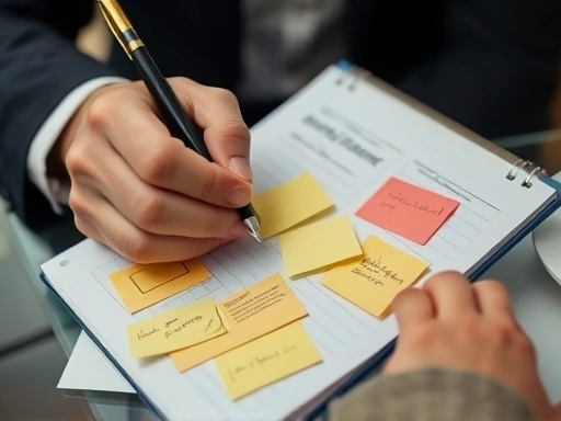 A close-up shot of a person's hands holding a pen and notepad, with various sticky notes and highlighted sections, representing thorough preparation for a panel interview.