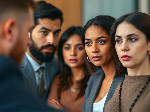 A close-up shot of a diverse group of interviewers in a panel setting, observing and listening intently to a candidate. The focus is on their varied expressions and engagement, emphasizing the need for a candidate to connect with each individual in a panel interview.
