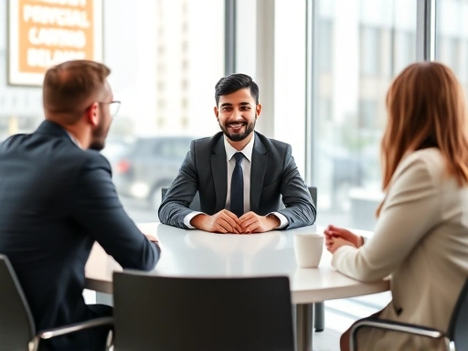 A professional, confident job candidate engaging with multiple interviewers around a modern conference table, maintaining eye contact and open body language. The scene is bright and collaborative, focusing on effective communication skills during a panel interview.