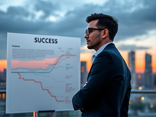 A person confidently looking at a detailed success roadmap, with a backdrop of a city skyline at dawn, symbolizing performance-oriented thinking and strategic planning.