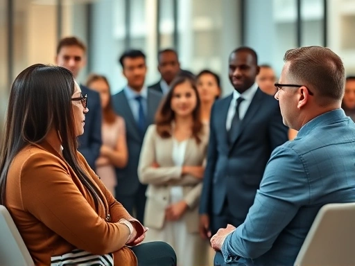 A diverse group of people in a modern office setting, one person calmly answering questions during a job interview, interviewer observing intently, confident and composed atmosphere, showing professional interaction.