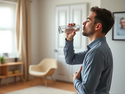 A person calmly preparing for an important job interview, drinking water and practicing deep breathing in a tidy room, representing effective condition management.
