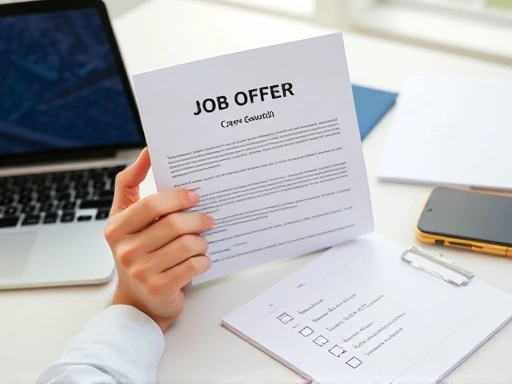 A person thoughtfully analyzing a job offer document on a desk, surrounded by a laptop and a notepad with a checklist, representing careful evaluation and decision-making for career growth.