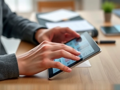 A close-up shot of a person's hands efficiently organizing digital tasks on a tablet, with a blurred background of a tidy workspace, emphasizing productivity and focus.