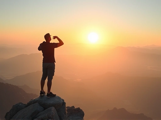 A person standing strong on a mountain peak, facing a challenging but hopeful sunrise, symbolizing overcoming adversity and finding new opportunities, with clear sky and positive outlook, embodying resilience and transformation.