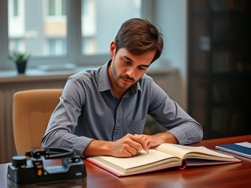 A person sitting at a desk, thoughtfully reflecting and making notes in a journal after an interview, showing a focused and introspective atmosphere, with soft lighting. Contains keywords: interview self-evaluation, reflection, improvement.