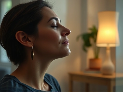 A close-up shot of a person calmly meditating or taking a deep breath in a quiet room, subtly preparing mentally for a job interview, highlighting the importance of relaxation and stress management on the evening before the interview.