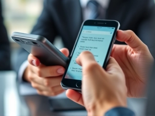 A close-up shot of hands holding a smartphone, specifically showing a digital notepad or a quick review of key interview points, with a blurred background of a professional setting, highlighting focused last-minute preparation.