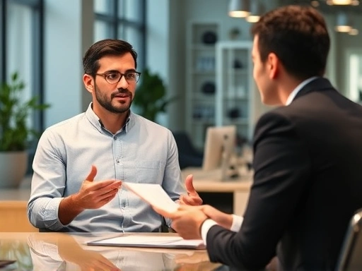 A professional candidate confidently explaining a complex problem-solving process during a practical job interview, showing their expertise and analytical skills in a modern office setting.