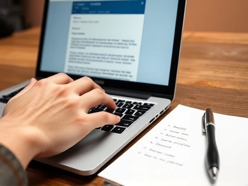 A close-up of hands typing on a laptop keyboard, with a focused screen showing an email draft, a pen, and a notepad with key points, emphasizing the careful preparation of an interview thank you email.