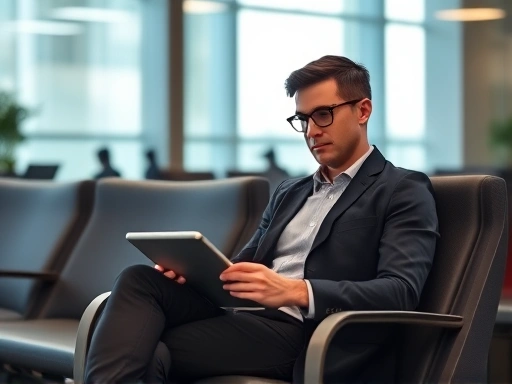 A calm and focused person sitting in a modern, well-lit interview waiting area, subtly reviewing notes on a tablet, embodying effective interview preparation and strategic use of time.