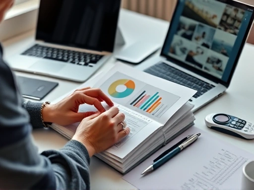 A detailed image of a person meticulously organizing digital portfolio files on a clean desk with a laptop and professional tools, emphasizing focus and composition, with a sense of organization and planning.