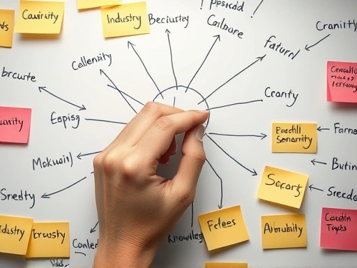 Close-up of a person's hand drawing connections on a whiteboard, surrounded by sticky notes with different industry keywords and ideas, illustrating the process of cross-learning and knowledge transfer.