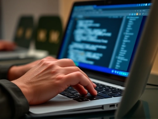 Close-up of a candidate's hands diligently working on a laptop, a complex task displayed on screen, surrounded by a subtle aura of concentration and efficiency, reflecting practical application and adaptability.