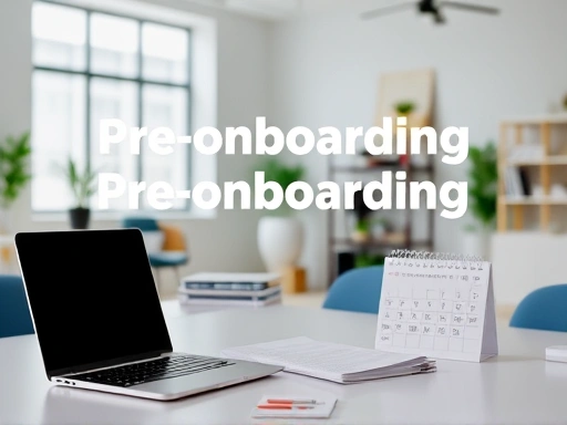 A professional, organized checklist for pre-onboarding, with documents, laptop, and a calendar in a bright, clean office setting, emphasizing preparation and readiness. Image includes a diverse professional setting.