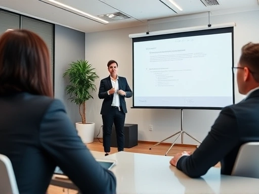 A confident person presenting during a professional job interview, clear projector screen, engaged interviewers, modern office setting, professional attire, good lighting.