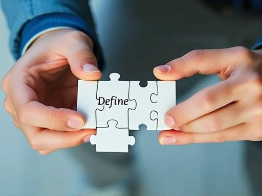 A close-up shot of hands piecing together a complex puzzle, with each piece representing a step in the problem-solving process (define, analyze, select, implement, evaluate), symbolizing a systematic approach to overcoming challenges.