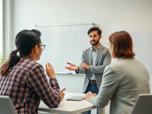A confident young professional demonstrating excellent teaching methods to interviewers in a modern, brightly lit office setting, with a whiteboard in the background, conveying expertise and engaging presence.